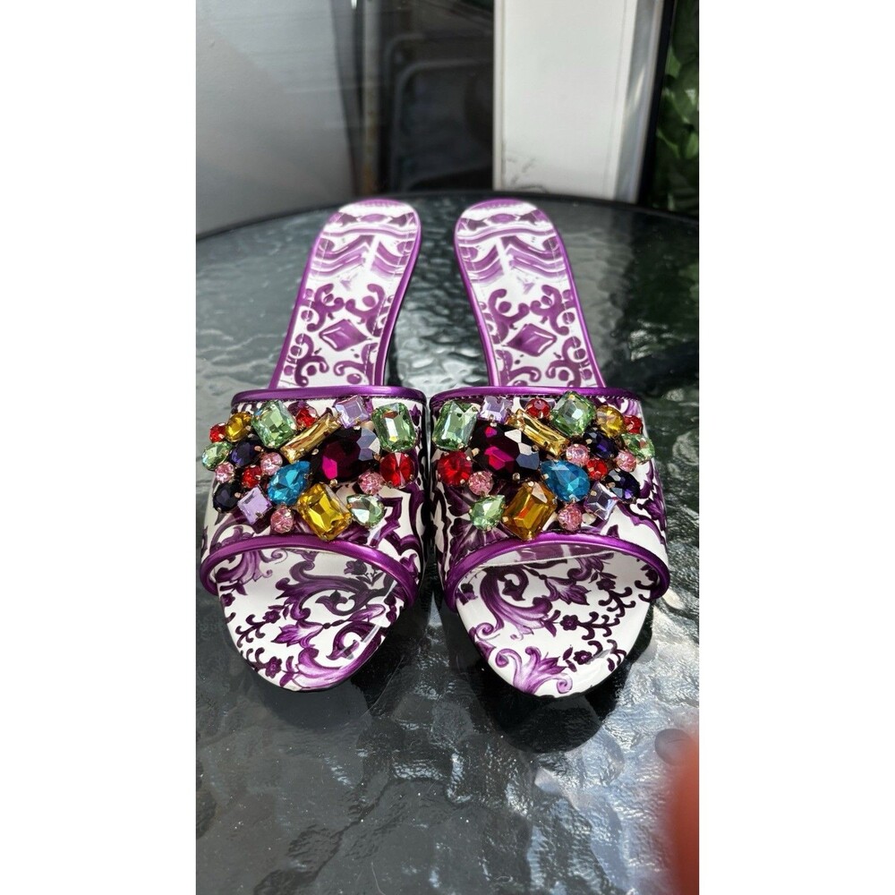 Women Heel Open Toe Purple Printed Rhinestone Sandals Shoes Mules SZ 11 (42)